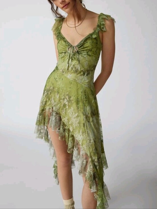 Urban Outfitters Dresses & Skirts - Urban Outfitters Hyacinth Asymmetrical Mesh Midi Dress M Green Forest Fairy Y2K